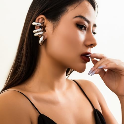 4 Pcs Chunky Gold Silver Ear Cuff for Women Non Piercing Clip On Cartilage Wrap Cuff Earrings Thick Ear Cuff for Women2