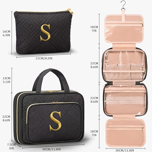 Image of Personalized Gifts for Women, Initial Toiletry Bag Hanging Travel Organizer & Makeup Cosmetic Bag with Embroidery Letter Teacher Appreciation Gift Birthday Mothers Day Gifts for Mom Wife Friend Sister