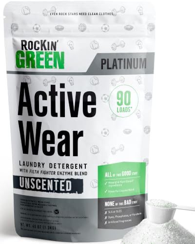 Rockin' Green Active Wear Laundry Detergent Powder & Odor Eliminator for Sportswear & Workout Clothes, Plant-Based Enzymes Target Sweat & Odor, Dermatologist Tested, Unscented, 90 Loads