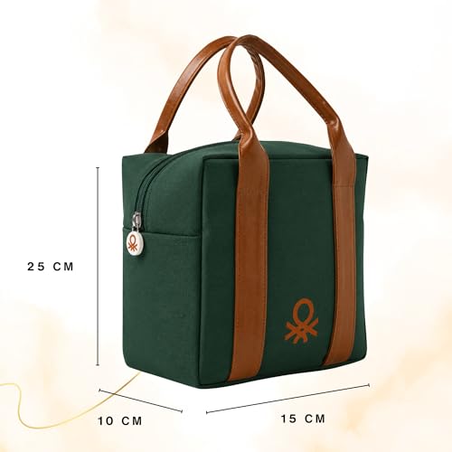 Image of United Colors of Benetton Lunch Bag for Women & Men, Insulated Bag, Tiffin Lunch Bag for Office /College /School, Bottle Holder, Lightweight, Durable Handles, Multiple Pockets (Dark Green)