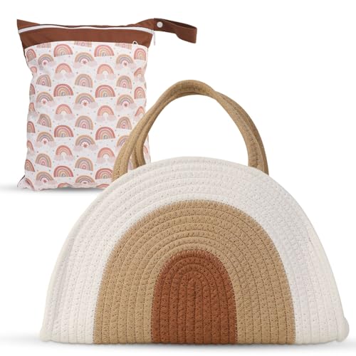 Image of Diaper Caddy Organizer + Wet Bag - Cotton Rope Diaper Caddy Basket - Diaper Bag Organizing Pouches - Gift for Baby Shower List - Stylish Storage Basket and Diaper Station - New Parents Essentials