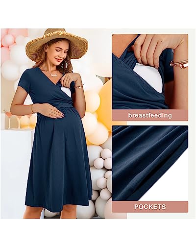 Image of OUGES Maternity Nursing Dress Breastfeeding Short Sleeve V Neck Casual Pregnancy Clothes with Pockets