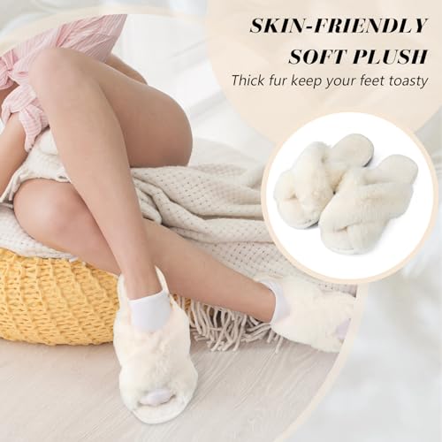 Toulite 6 Pairs Wedding Bridesmaid Slippers Women Fluffy Open Toe Fuzzy Plush Slippers, US9-103