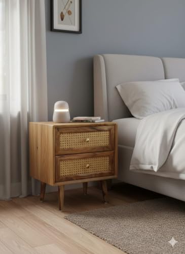 Image of MISAN Boston Solid Wood Bedside Table with Rattan Drawers Mid Century Night Stand for Living Room, Bedroom (S- Natural)