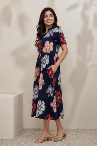 Image of ZELENA Rayon Lapel Neck Zipless Maternity Feeding Dress | Soft 100% rayon dress featuring a lapel neck, button-down zipless nursing , and half sleeves