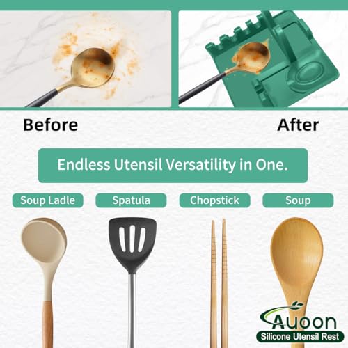 Image of Auoon Silicone Spoon Rest with Lid Holder - 3 in 1 Kitchen Utensil Rest for Soup Ladles, Pot Lids, Spatulas, Spoons, Tongs, BPA Free & Dishwasher Safe, 8.26 x 8.06 Inch (Sea Blue, Large)