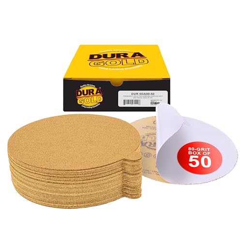 Dura-Gold Premium 6" Gold PSA Sanding Discs - 80 Grit (Box of 50) - Self Adhesive Stickyback Sandpaper for DA Sander, Finishing Coarse-Cut Abrasive - Sand Automotive Car Paint, Woodworking Wood, Metal