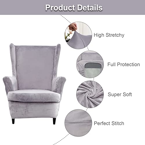 Wing Back Slipcover Velvet Chair Cover,Plush Chair Covers Armchair,Furniture Covers Protector for Living Room Bedroom Decoration (Velvet Light Gray) - Image 2