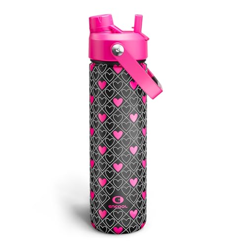 Image of ENCOOL Insulated Water Bottle with Straw Stainless Steel Water Bottle, Leak-Proof, BPA-Free, Keeps Cold for 24 Hours for Sports, Travel, School (26 oz, Bold Hearts Ember x Black)