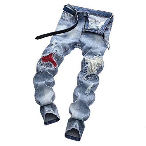 Jeans patch à fourche denim décontracté style patchwork casual coupe droite breaking hole homme