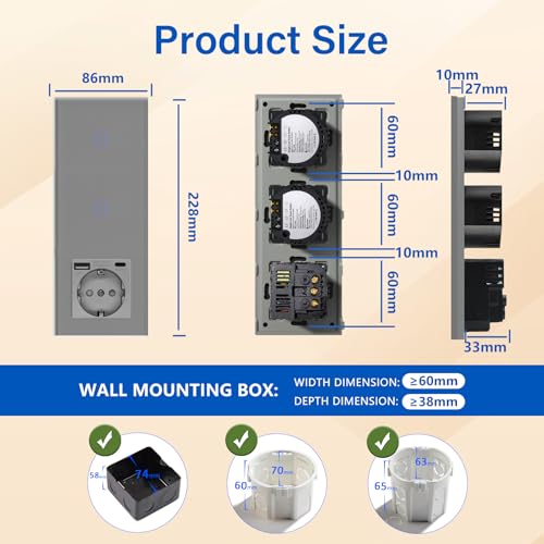 BSEED Touch Lichtschalter mit Steckdosen doppelte 1 Fach 1 Weg Wandschalter mit einer USB Steckdose Anschluss (Max. 2.1A) Typ C Port Unterputz Touchscreen-schalter mit Glasrahmen 228mm Grau