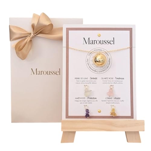 Bola grossesse pierre naturelle lithothérapie - or, argent, or rose - pierre de lune, quartz rose, améthyste, citrine - collier bola grossesse chaine doré 110 cm -...