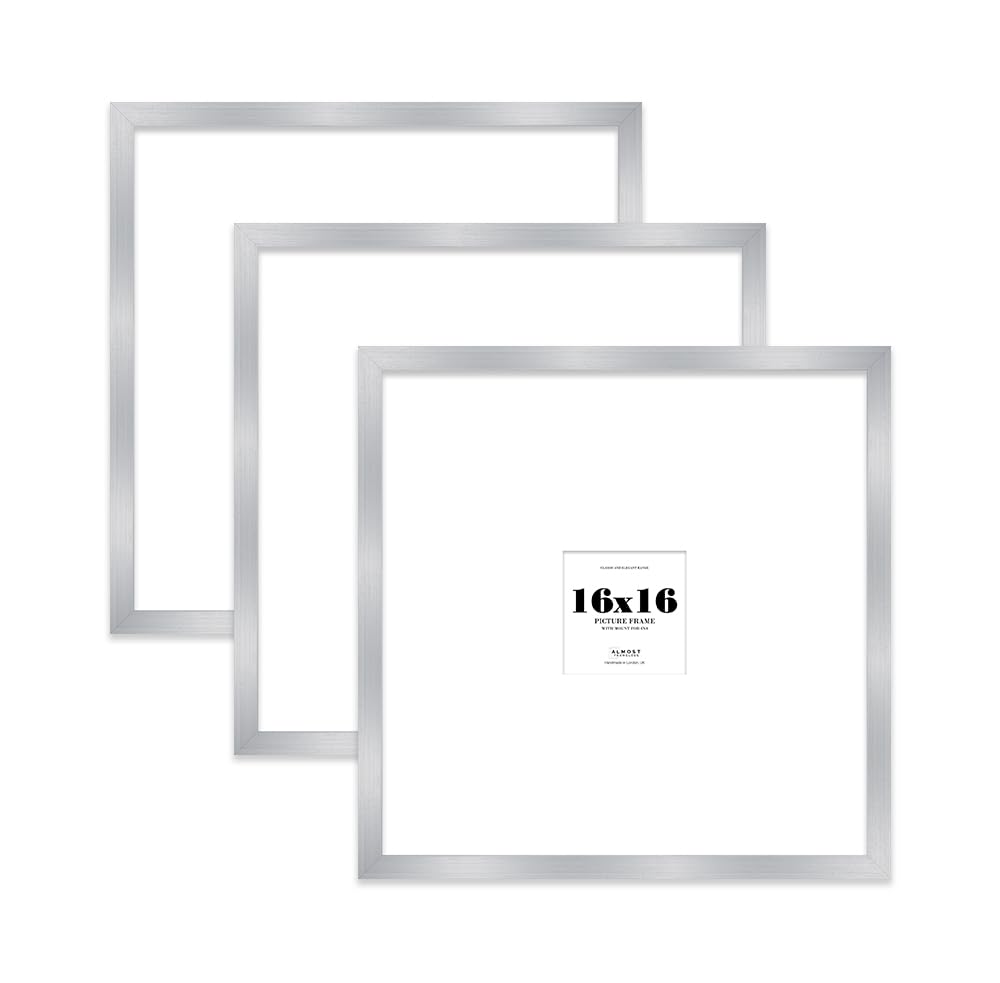 16x16 Silver Picture Frame with Large Mount for 4x4 Photos, Prints - Modern Square Wall Frame, Set of 3