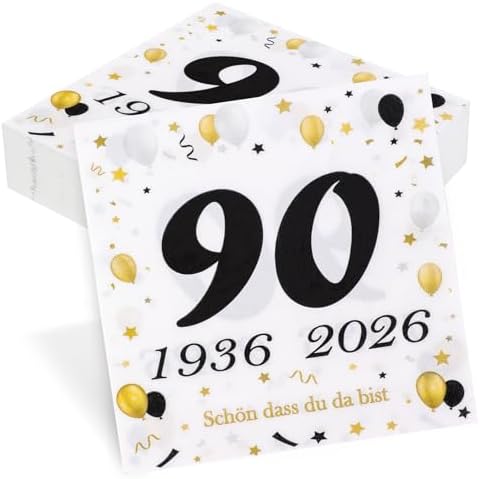 50 Stück Servietten 90. Geburtstag, Seutgjie 90 Geburtstag Deko 1936-2026 Jubiläum Tischdeko Schwarz Gold Party Gedeckter Tisch