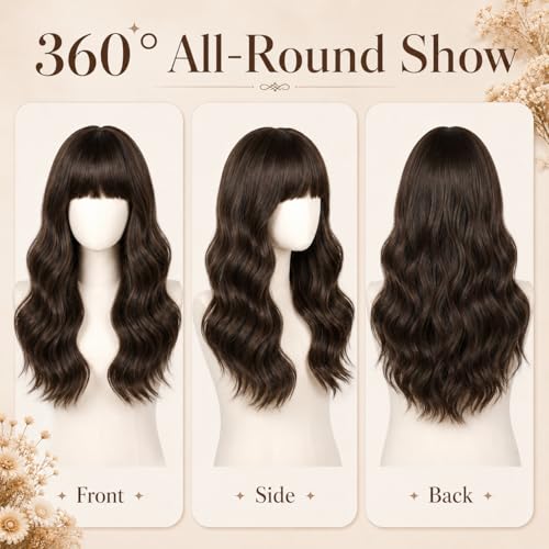 SUKRI Long Wavy Wig with Bangs for Women Dark Brown Curly Wigs Natural Wavy Synthetic Wigs for Daily Party Cosplay 20 Inch (Dark Brown) - Image 6