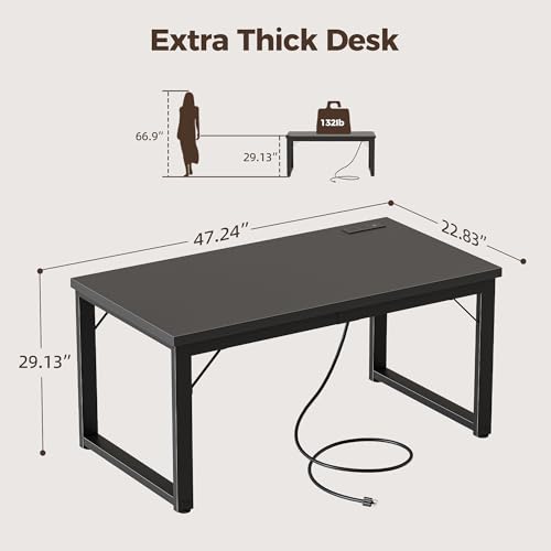 Image of 48 Inch Computer Desk with Power Outlets, 1.2 inch Thick Office Table | Modern Simple Style, Heavy Duty Industrial Frame, Small Study & Writing Table for Home Bedroom Work, Black