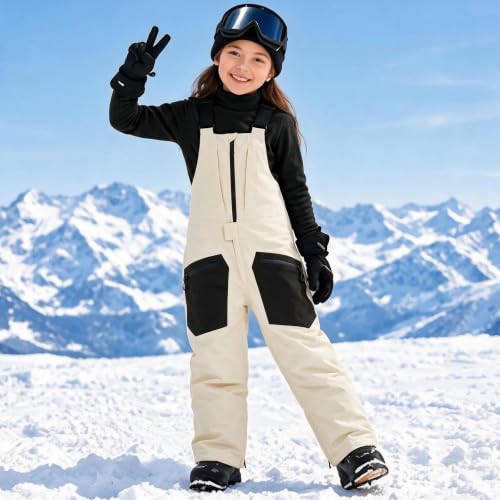Ssuyeuri Boys Girls Snow Pants Winter Waterproof Snow Bibs Overalls Khaki - image 5