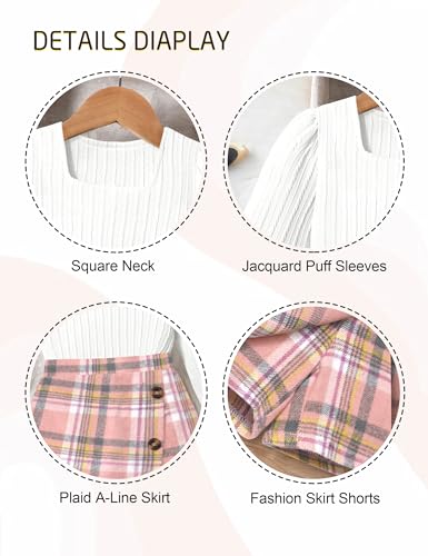 Image of AGAPENG Girl Skirt Sets 3 Piece Outfits Square Neck Jacquard Puff Sleeve Tops Plaid Mini Skirt Shorts Fall Winter Clothes