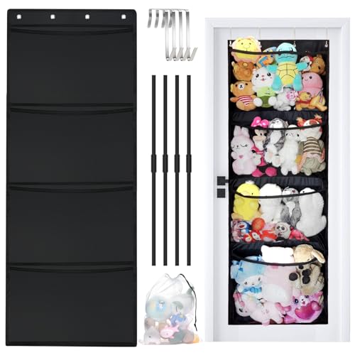 Aolso Over Door Stuffed Animal Storage, Toy Organizer With 4 Large Pockets and 4 Support Bars, Large Capacity for Closet Plush Toys