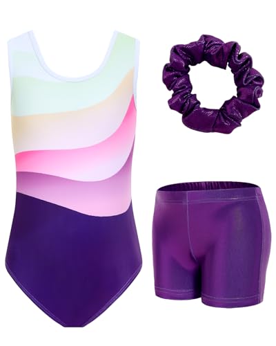 JiAmy Gymnastics Leotards for Girls, 3Pcs Sleeveless Athletic Outfit Sparkly Dance Unitards with Shorts Ballet Biketards 8-9 Years