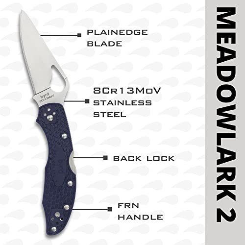 Image of Spyderco Byrd Meadowlark 2 Lightweight Folding Pocket Knife, PlainEdge | Blue, 6.9 inch Overall Length, 2.97 inch 8Cr13MoV Steel Blade, FRN Handle, Back Lock, Full-Flat Grind