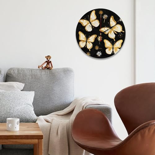 Horloge murale moderne en bois 34 cm à motif papillon noir et doré sans tic-tac