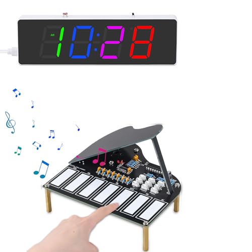 MiOYOOW 4-digit RGB Colorful LED Digital Clock Kit with 12H/24H Format and 7 Keys Mini Piano Violin Guitar Soldering Practice Kit with 3 Tones for Home School Learning