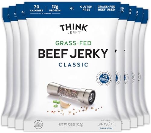 Think Jerky Classic Beef Jerky, Grass-Fed High Protein Beef Jerky, Gluten Free, No Antibiotics or Nitrates, Healthy Chef Crafted Recipe, Low Calorie and Low Fat - 2.2 oz Bags, 8 Pack