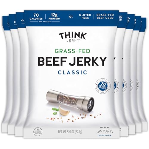 Think Jerky Classic Beef Jerky, Grass-Fed High Protein Beef Jerky, Gluten Free, No Antibiotics or Nitrates, Healthy Chef Crafted Recipe, Low Calorie and Low Fat - 2.2 oz Bags, 8 Pack