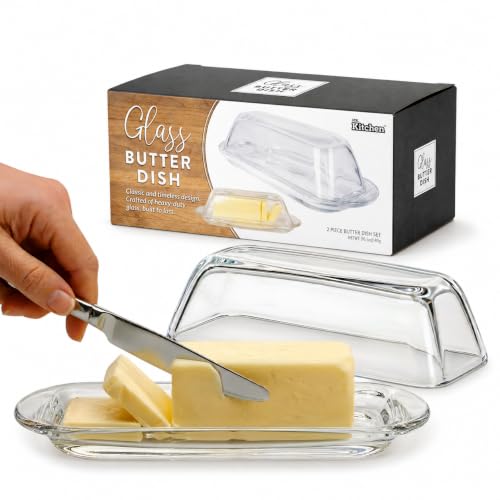 Kangaroo Decorative Clear Glass Butter Dish with Lid for Countertop & Refrigerator - Crystal Covered...
