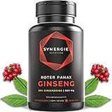Panax Roter Ginseng Extrakt - 20% Ginsenoside | 100 Tagesdosen | 600 mg vegane Ginseng kapseln hochdosiert | 10:1 Extrakt aus der Ginseng Koreanischer + Schwarzer Pfeffer | von Synergie Nutrition