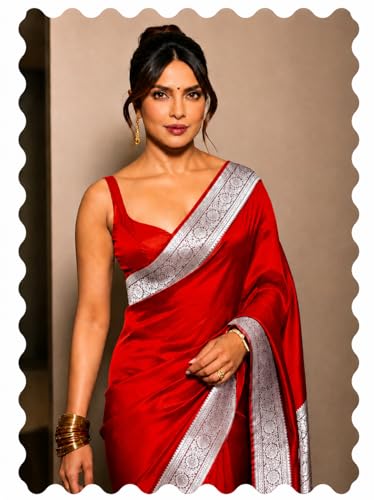 Image of Women's Glory Womens Satin Saree with Silver Woven Border | Elegant Plain Glossy Silk Saree for Party, Wedding, Reception & Festive Style with Unstitched Blouse Piece