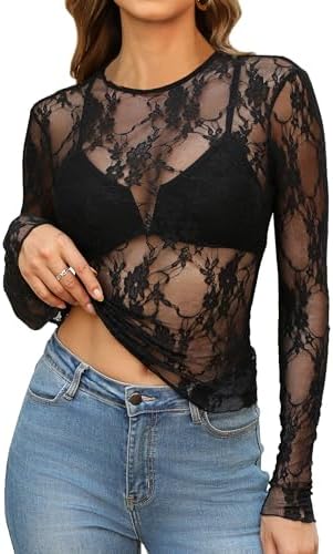 OFEEFAN Womens Tops Going Out Women's Clothing Long Sleeve Shirts Summer Beach Vacation Clothes Business Casual Outfits Country Concert Western Fall Fashion 2026 Crewneck Undershirts Floral Black L