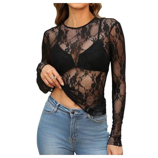 OFEEFAN Womens Tops Women's Clothing Mesh Lace Long Sleeve Shirts Summer Business Casual Outfits Vacation Country Concert Western Fall Fashion 2026 Slim Fitted Dressy Crewneck Blouses Clothes Black M