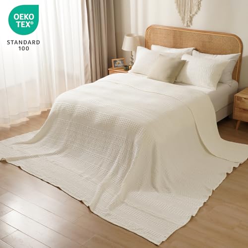 Image of PHF 100% Cotton Waffle Blanket Oversized King 120 inchx120 inch, Lightweight Breathable Extra Large 10'x10' Blankets for Bed, Giant Big Luxury Aesthetic Woven Bedding for Home Decor, Ivory