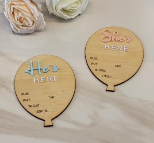 Image of YongPan She's Here or He's Here Newborn announcement,Wooden Balloon-Shaped Birth Stat Plaques,Baby Announcement Signs for Newborns (Hot Balloon)