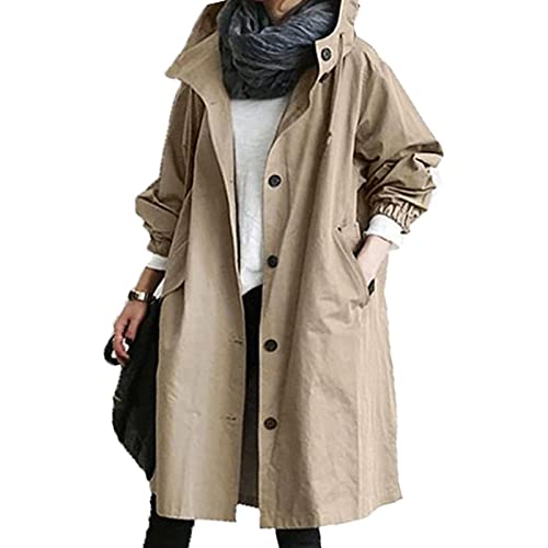 Womens Winter Coats Oversized Casual Jackets Long Hood Trench Coat Fashion Long Sleeve Button Windbreaker Windproof Cardigan Outerwear With Pockets Plus Size Overcoat(Khaki,5X-Large) #TOP5