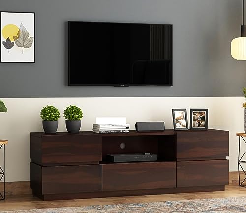 Image of Rustic Solid Sheesham Wood TV Unit Chest of Drawers for Living Room - 5 Drawers and 1 Shelf Storage - Accommodates up to 60 Inch TV (Bayern, Walnut Finish)