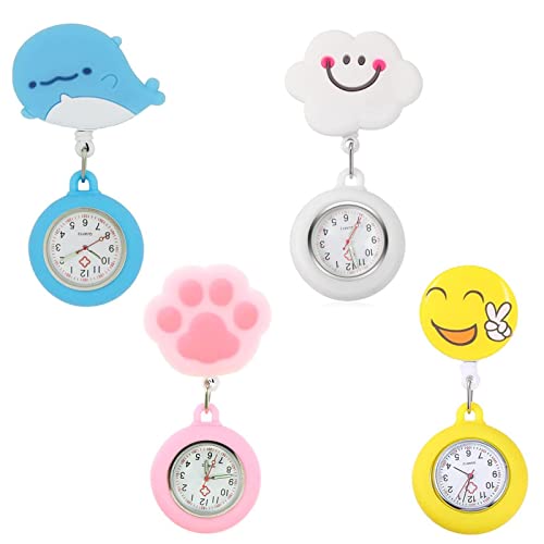 Shenrongtong Reloj de Bolsillo de 4pcs para Enfermeras, Reloj de enfermería con Segunda Mano, Lindo Reloj Digital, Clip en Reloj de Solapa de enfermería, Reloj Colgante para Enfermeras médicas