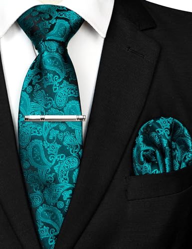 Image of JEMYGINS Mens Solid Color Paisley Necktie and Pocket Square with Tie Clip Sets