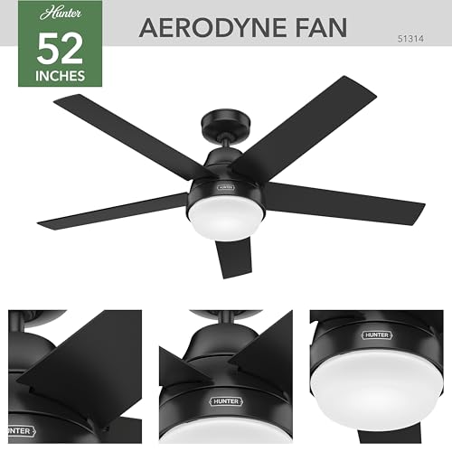 Hunter 52 inch Indoor Ceiling Fan with LED Light and Remote Control - Black Modern Smart Ceiling Fan, Standard Mount, 5 Blades, For Bedroom, Living Room, or Kitchen, Quiet- Aerodyne 51314, Matte Black by Hunter - Image 9
