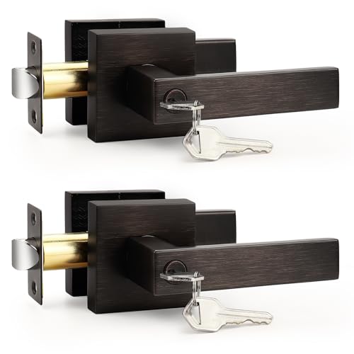Probrico 2 Pack Square Keyed Alike Entry Levers Locks, Oil Rubbed Bronze Heavy Duty Entrance Door Handles, Right and Left Handing Doors Hardware[Exterior Interior Doors]