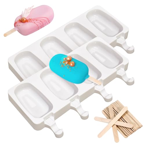 2PCS 4 Cavities Popsicle Mould with 16pcs Wooden Sticks Silicone Ice Lolly Moulds Ice Cream Moulds Homemade Popsicle Ice Pop Maker BPA Free Ice Pop Moulds for Kids Summer DIY Ice Cream (White)
