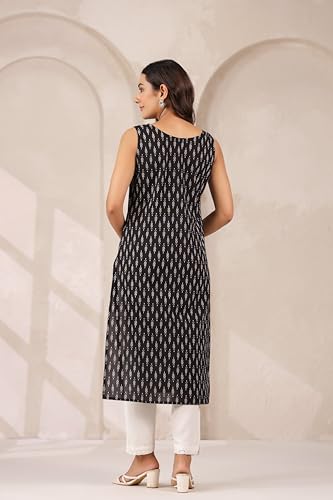 Image of Ichaa Women's All-Over Printed Sleeveless Kurta | Straight Fit Ethnic Kurta | Round Neck Casual Ethnic Wear Kurta