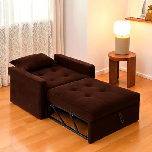 Image of FURNY Tressa 1 Seater Fabric Pull-Out Sofa Cum Bed (Dark Brown) - Premium Velvet Finish - Durable Comfort - Ideal for Living Room, Bedroom