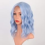 Stamped Glorious Light Blue Short Wavy Wigs for Women Blue Curly Wig for Girl Middle Part Bob Blue Wig Synthetic Wavy Wig Cosplay Party Use