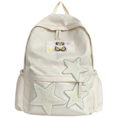UKETO Mochila estética bonita para la escuela, mochila escolar de estrellas con bonito colgante, mochila preparada para niñas, mujeres, estudiantes, mochilas casuales de viaje, blanco,