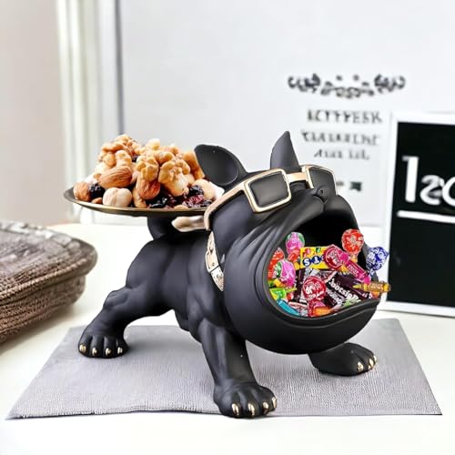 Image of Cool Bulldog Key Bowl & Accessory Tray - Matte Black & Gold Resin Dog Sculpture Multifunctional Organizer Showpiece for Keys Watches & Candy (Black & Gold, Dog with Tail Plate)