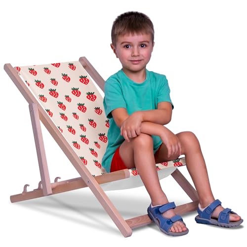 DreamRoots Chaise Longue Enfant en Bois de Hêtre, Chilienne Enfant Pliable, Transat Extérieur Jardin, Plage, Tissu Lavable Polyester 220 g/m², Charge Max...