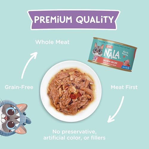 Image of LOVE, NALA - Natural Adult Cat Wet Food - FLAKED Salmon in Broth - Grain Free, Non-GMO, Lean Protein with Omega 3, Added Minerals & Vitamins - 12 Pack, 2.4 lbs.
